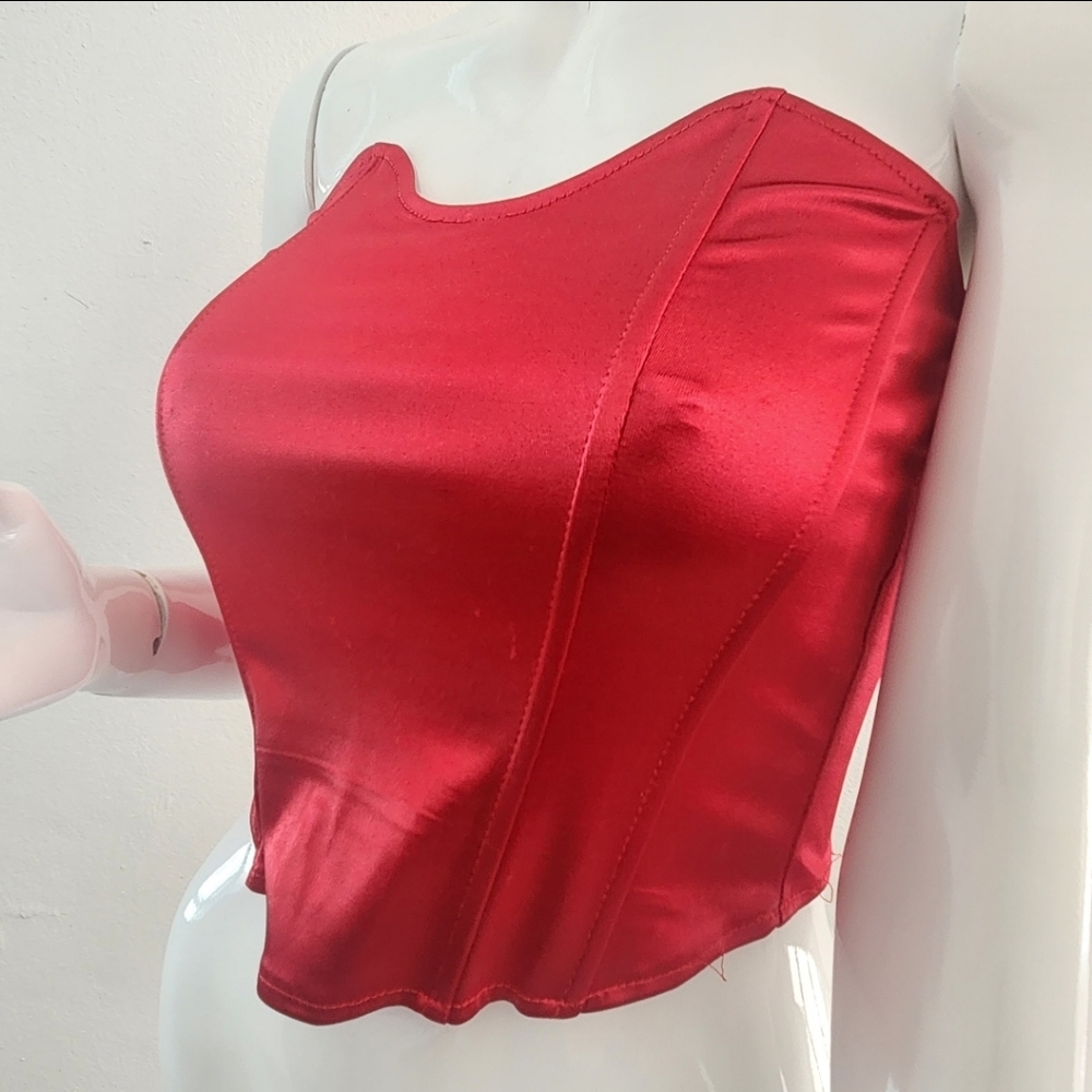 Red Satin Strapless Crop Top Bold & Chic Size Medium - Picture 3 of 16